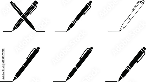 Pen silhouettes, writing tools, drawing icons, ink design, stationery illustration, office supply graphics, creative art, handwriting symbol, sketch, education