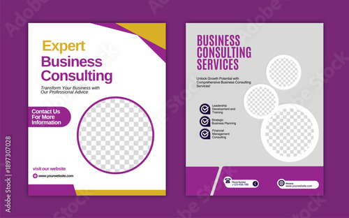 Business consulting service brochure or flyer template, with purple and white color scheme, geometric patterns, and sample text, for marketing or presentation, isolated on transparent background, png