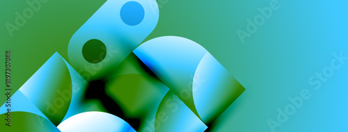 Abstract shapes blend green, blue hues. Smooth gradients create modern visual impact. Minimalist design evokes calm feeling.