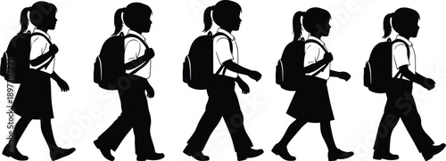Black and White Silhouette Set of School Children Wearing Backpacks and Uniforms Walking to Class for Education Back to School,