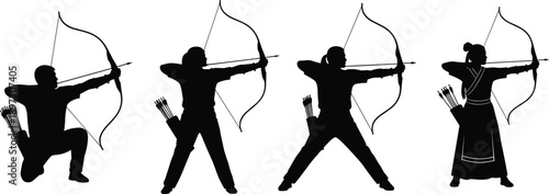 Black archery silhouettes set with male and female archers aiming bows and arrows, traditional sport icons, medieval warrior vector elements,