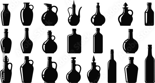 Black antique bottle silhouettes, vintage glass jug icons, apothecary jar vector set, liquid container shapes, rustic kitchenware elements for graphic design,