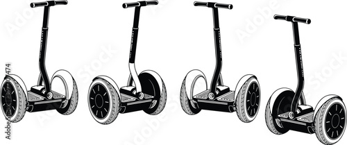 Segway silhouettes, electric scooter icons, personal transport, mobility design, urban illustration, self-balancing device, modern vehicle, technology graphic, ride, balance