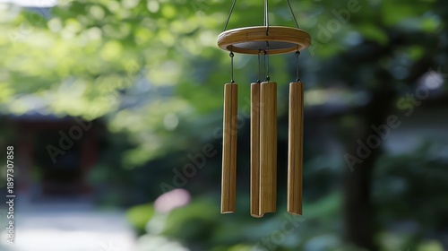 Acoustic bamboo wind chimes hanging outdoors with a soft green blurred background