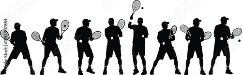 Tennis silhouettes, player icons, serve motion, racket swing, sports illustration, athletic design, fitness activity, game action, training, competition