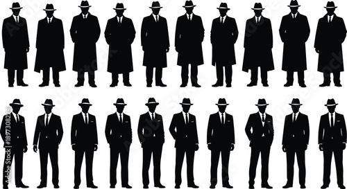 Black gentleman silhouette collection with hats, vintage detective figures in suits, professional man icons, classic mystery characters set, and elegant fashion.