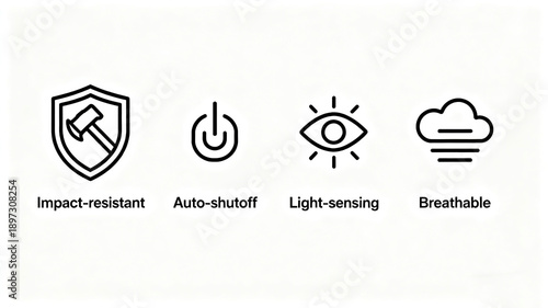 The combination of impact resistance and breathability icons represents impact resistance, automatic shutdown, photosensitive adjustment, and breathable comfort, suitable for smart device scenarios.

