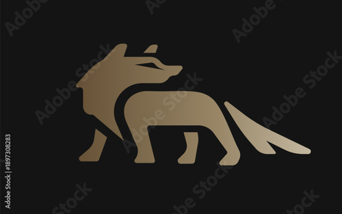 Coyote with striking, geometric, modern, logo design walking forward, looking back. Built from sharp, clean shapes, symbolizes awareness, resilience, and strategic vision.