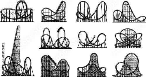 Black roller coaster silhouette collection, amusement park ride set, theme park attraction icons, carnival entertainment structures, isolated on white background, cad drawing flat vector illustration