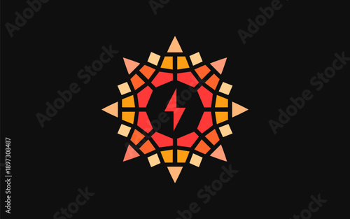 Star or sun emblem with electricity symbol at its center, crafted from an abstract mosaic with sacred pattern influences. The design fuses energy, power, and symbolism into a bold, modern identity.