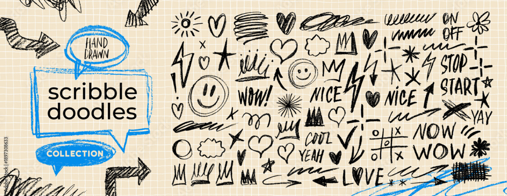 Fototapeta premium Scribble doodle note elements collection. Crayon drawn doodle childish illustration for hand drawn note, journaling and funky design. Texture sketch shapes and lines, handwritten lettering.