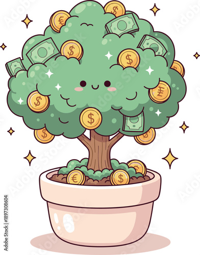 Cute kawaii money tree mascot growing in pot with dollar banknotes and gold coins for children financial education vector.