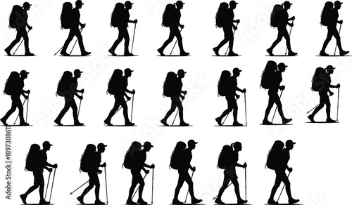 Black Silhouette Collection Of Men And Women Hiking With Backpacks And Trekking Poles, Isolated On White Background, For Outdoor Adventure