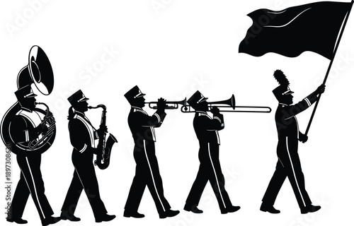 Black Silhouette Collection Of Marching Band Musicians Playing Tuba, Saxophone, Trumpet, Trombone, And A Flag Bearer Performing In Formal Parade Uniforms