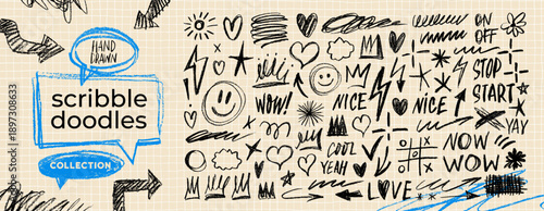 Scribble doodle note elements collection. Crayon drawn doodle childish illustration for hand drawn note, journaling and funky design. Texture sketch shapes and lines, handwritten lettering.