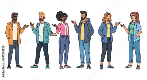 Line of young people standing and talking, flat cartoon character set isolated on white background