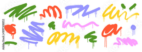 Funky colorful squiggle spray paint brush strokes set. Graffiti or punk style squiggly lines, ink splatters and drops. Isolated png clip art. Street art or urban design elements, curly brush strokes.