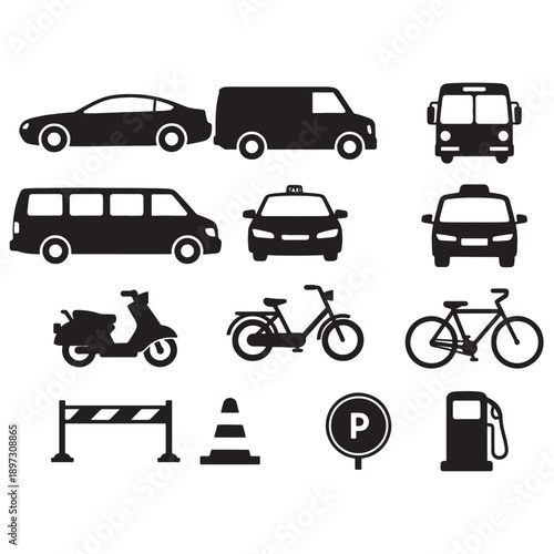 Vehicle and Road Transport Vector Icon Set Silhouettes and Line Art