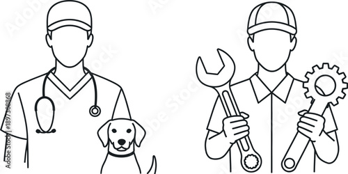 Veterinarian and mechanic with tools and dog