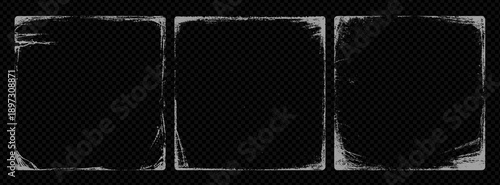 Old scratch vinyl cover overlay texture template set on dark transparent background. Hand drawn vector scratch worm texture for rough tear and dust effect. Album cover vintage frame overlay.