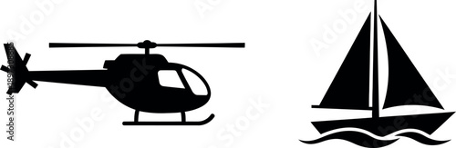 Helicopter and sailboat silhouette on white background