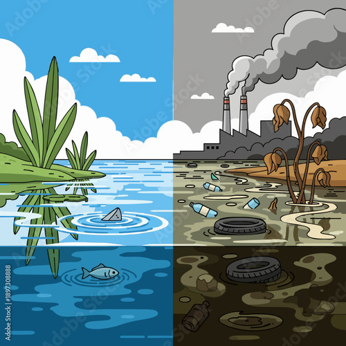 Illustrative Concept of Environmental Protection and Pollution, Highlighting the Contrast Between Clean Nature and Industrial Waste