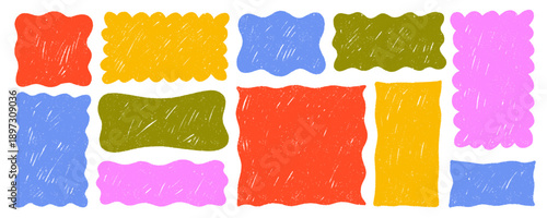 Funky wavy rectangles and square with crayon or pencil texture. Hand drawn empty text boxes, square and rectangular shapes with wiggly and wavy border. Playful frame shapes for text.