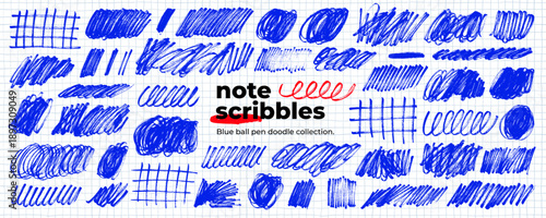 Blue pen scribbles, scrawls and grids collection. Hand drawn pen or crayon scribble scratch strokes on note paper background. Blue marker sketchy texture doodles. Chaotic expressive scrawls.