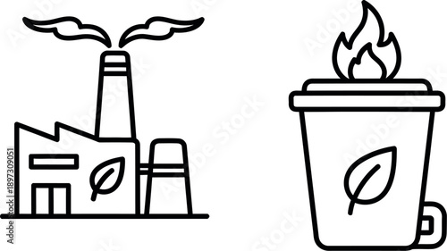 Eco friendly factory and coffee cup with leaf icon