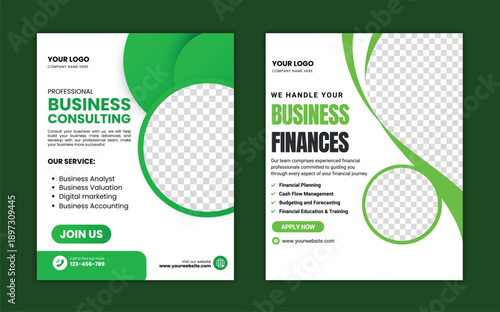 Business Consulting and Finance Social Media Post Template Vector, Green and White Corporate Flyer Design with Placeholder Images