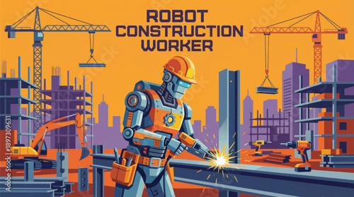 future robot working as a construction worker at a building site with cranes and tools cartoon vector illustration