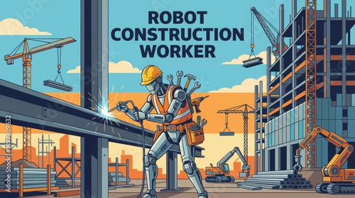 future robot working as a construction worker at a building site with cranes and tools cartoon vector illustration