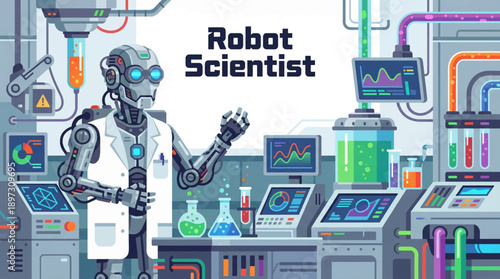 robot scientist conducting experiments inside a futuristic laboratory environment cartoon vector illustration