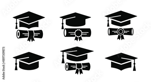 Graduation caps and diplomas illustrated as black shapes a detailed silhouette