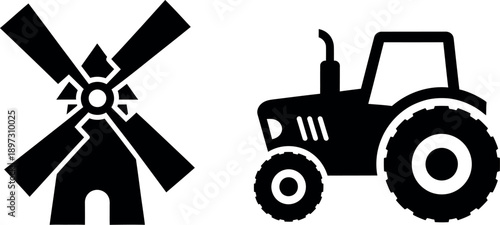 Agricultural icons featuring windmill and tractor