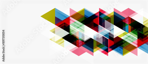 Abstract geometric shapes overlap, creating colorful patterns. White background contrasts vibrant triangles, rectangles. Modern design element.