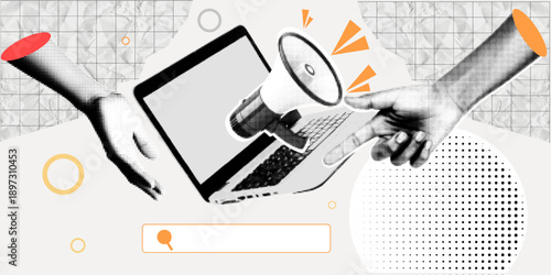 
Halftone pop art hands using smartphone and megaphone with search bar communication concept, vector illustration