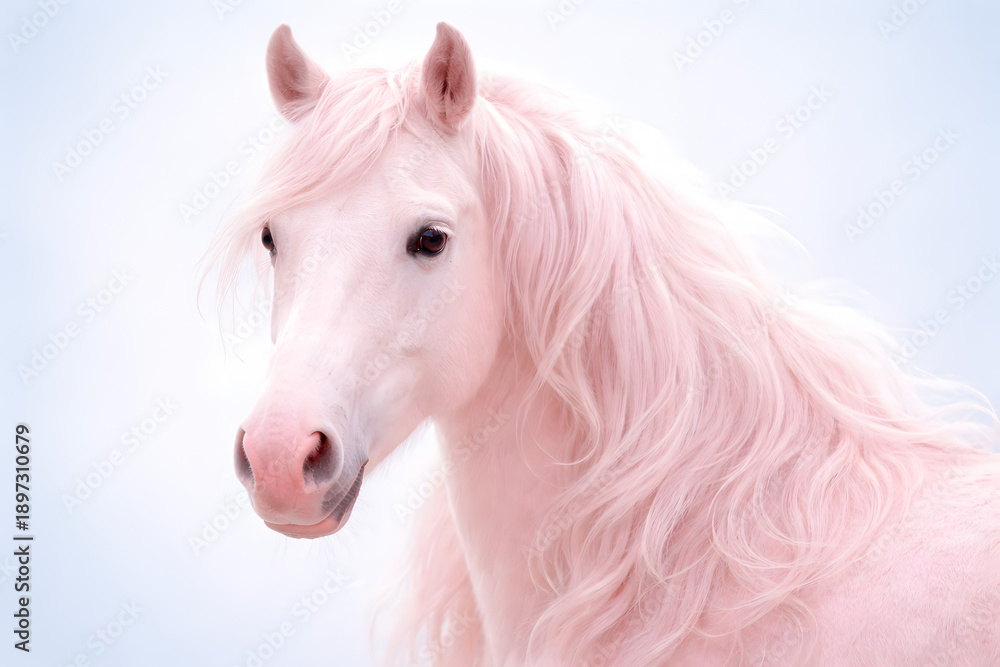 Obraz premium A beautiful pink horse with long flowing mane isolated on white background