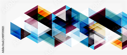 Abstract geometric shapes overlap, creating dynamic visual texture. Cool blues dominate with warm orange accents. Minimalist design.