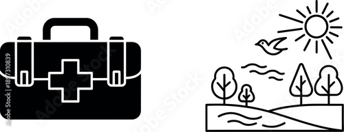 First aid kit and nature scene