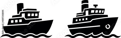 Two black silhouette boats sailing on water