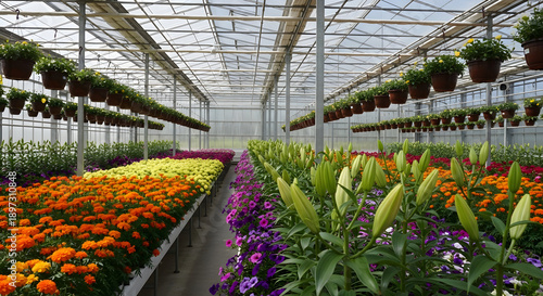 Wallpaper Mural Rows of colorful flowers bloom inside modern greenhouse structure. Green stems, buds of lilies grow, marigolds, plants cultivated in pots overhead. Sunlight streams through glass ceiling Torontodigital.ca