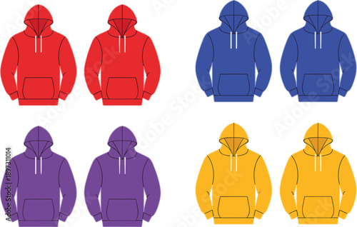 Colorful Hoodie Sweatshirt Vector Illustration Set with Front and Back Views in Flat Style for Fashion Apparel Design and Merchandising Use