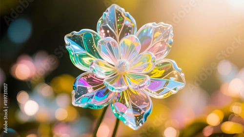 Iridescent glass flower with delicate petals and bokeh background light