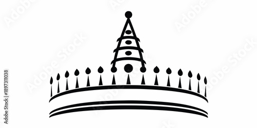 Stylized black and white illustration of a tiered temple structure