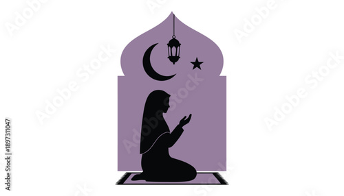 Muslim Woman Praying Silhouette in Serene Purple Archway with Crescent Moon and Lantern for Spiritual Illustration