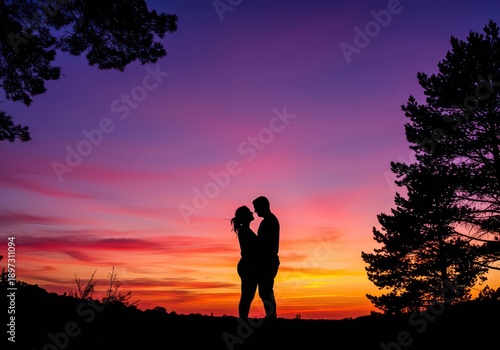 Silhouettes of a couple kissing against a vibrant sunset sky