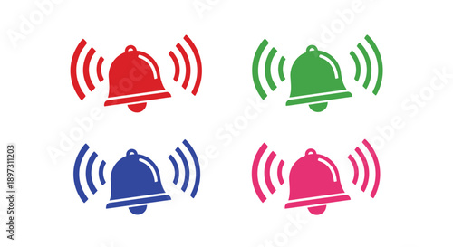 Four colorful bell icons displayed representing alerts and notifications silhouette