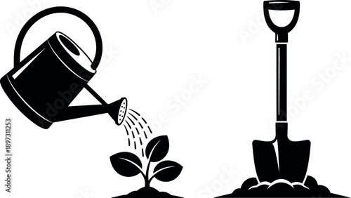 Watering a plant with watering can and shovel