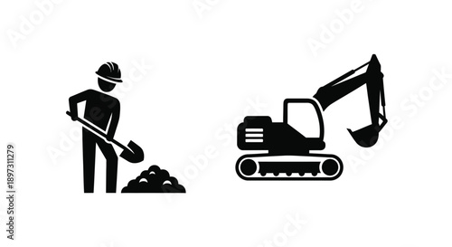 Construction worker and excavator equipment depicted in a stark black silhouette
